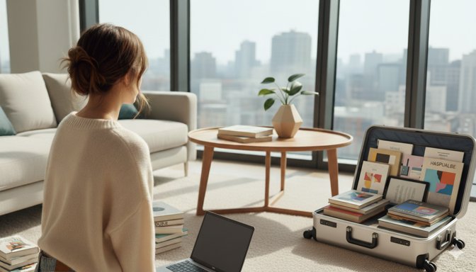 Pile de livres dans un appartement lumineux